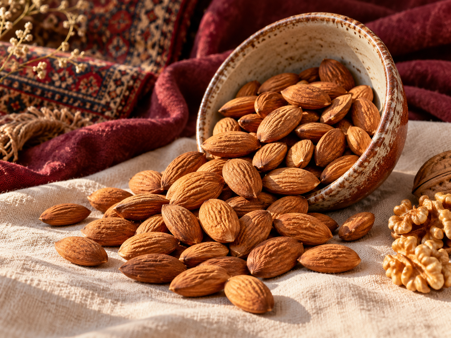 Amandes entières dans un bol en céramique, avec quelques noix sur un linge clair