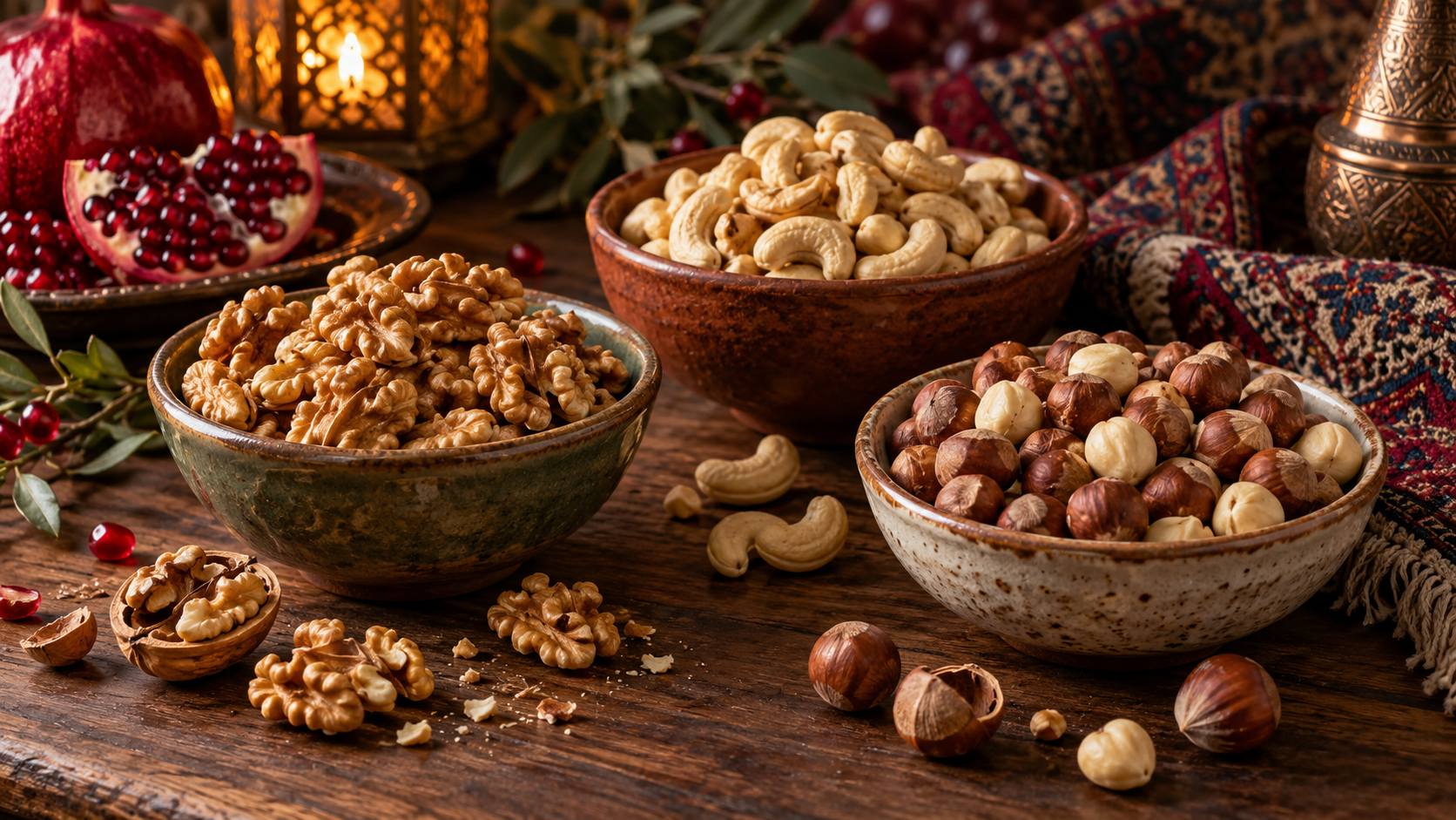 Bols de noix, noix de cajou et noisettes sur une table chaleureuse de Yalda
