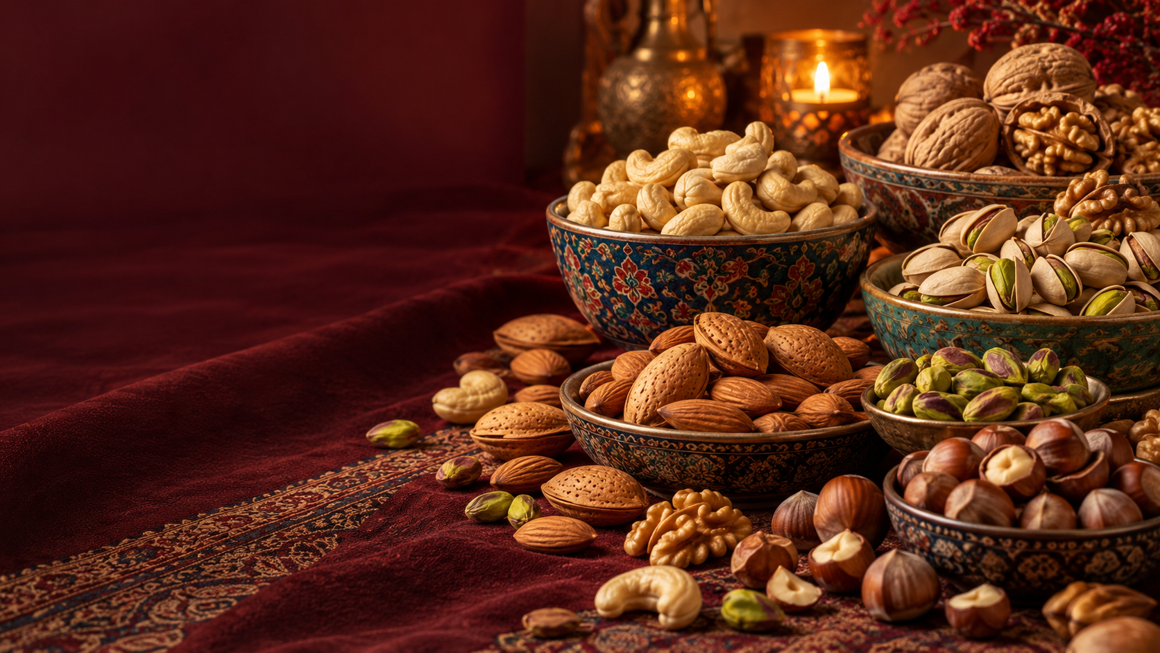 Grand assortiment de pistaches, amandes, noix, noix de cajou et noisettes, en coque et décortiquées, présentées dans des bols