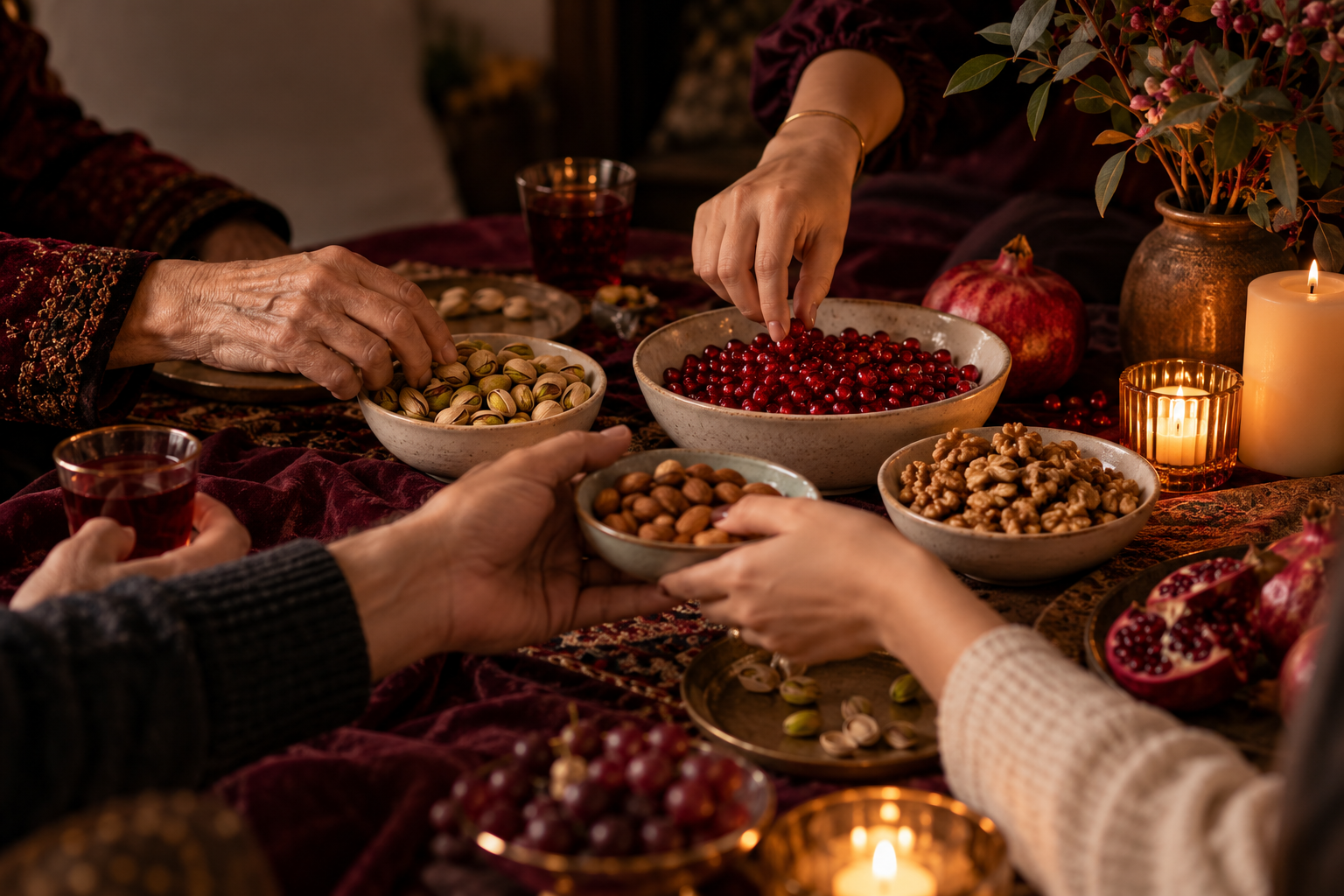 Scène d'ambiance illustrant le partage de fruits à coque autour d'une table