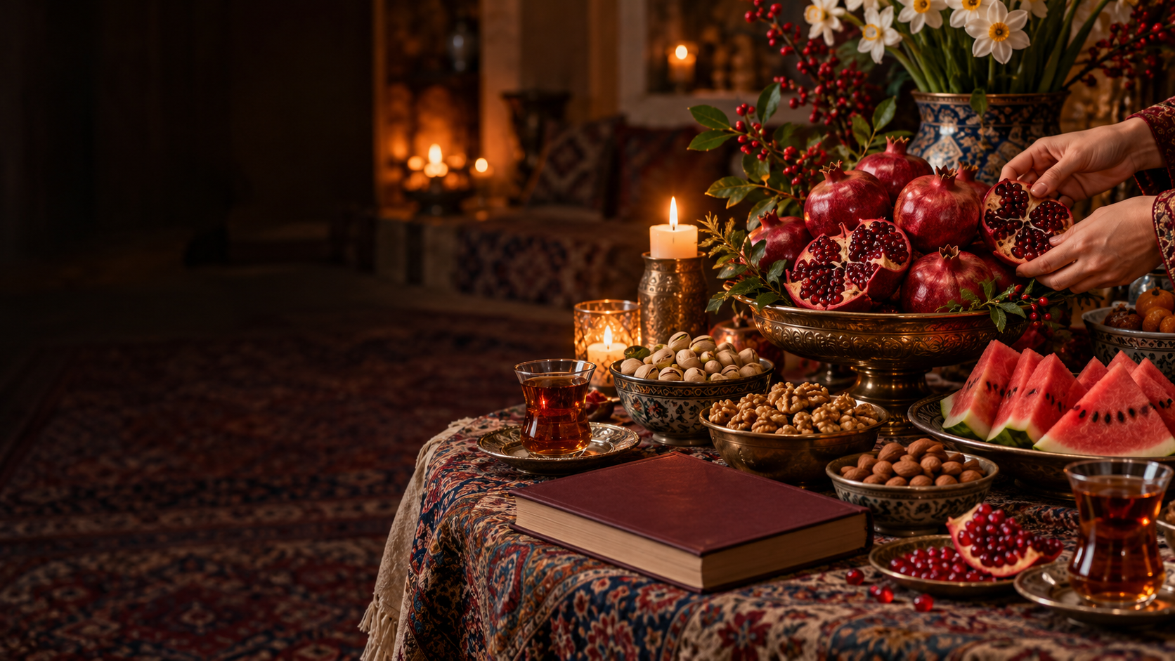 Table traditionnelle de Yalda avec grenades, pastèque, thé, bougies et fruits à coque